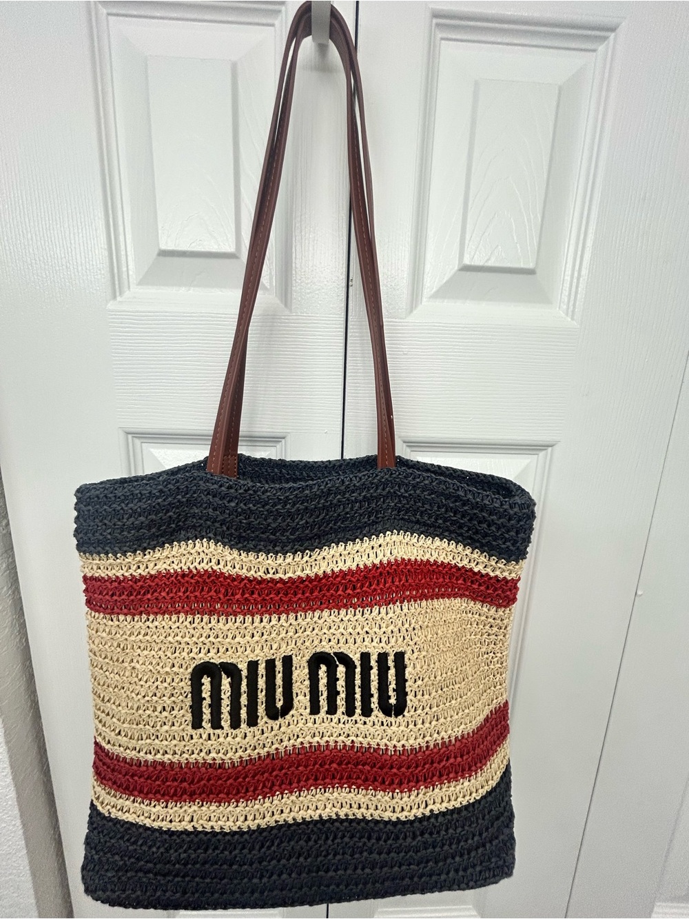 Miu Miu Black Cream Red Crochet Straw Tote with Brown Leather Straps looks like - Picture 2 of 14